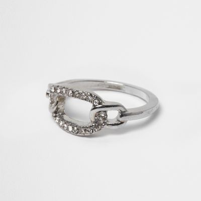 Silver tone curb chain embellished ring